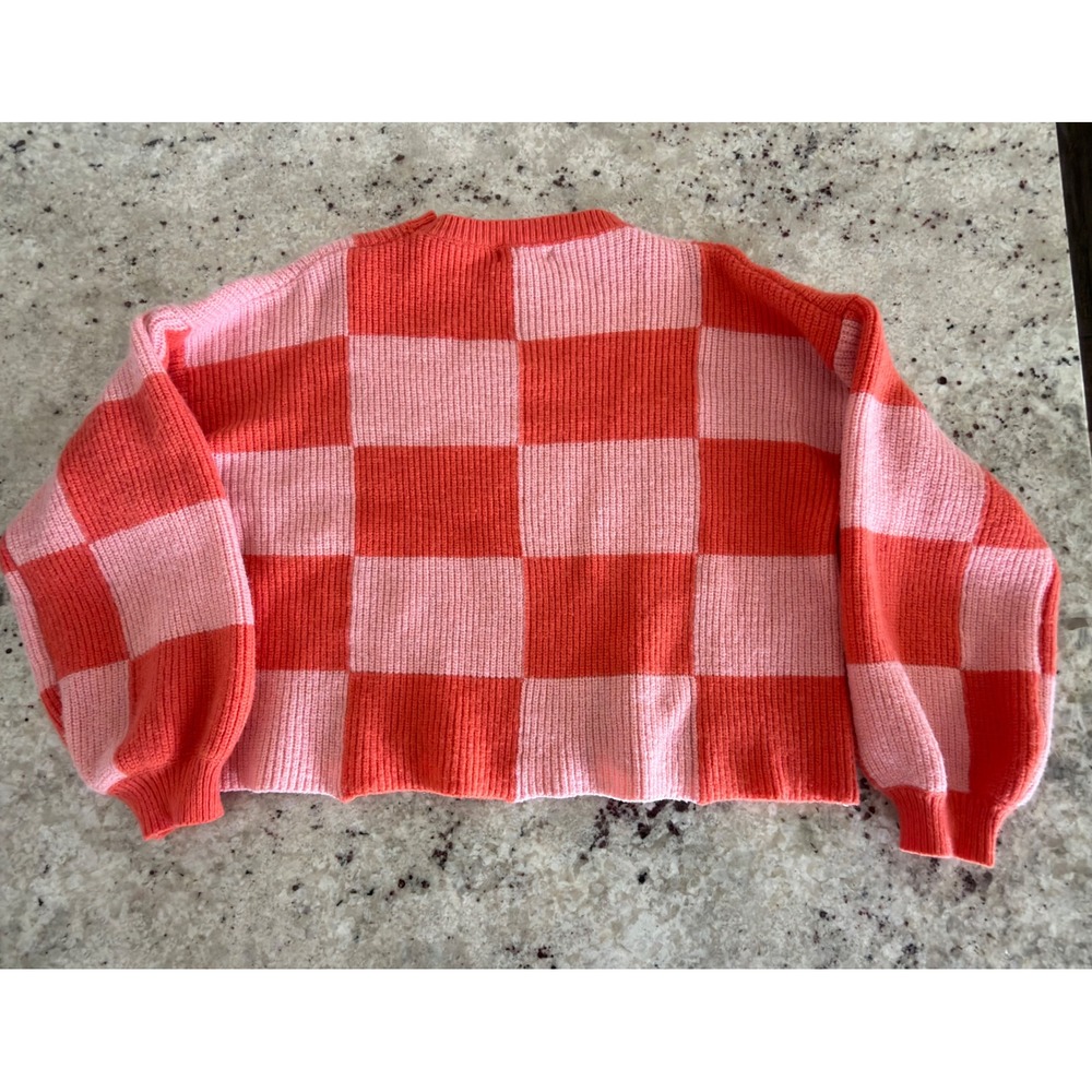&merci Pink Orange Checkered Sweater Size S Crew Neck - Picture 2 of 4